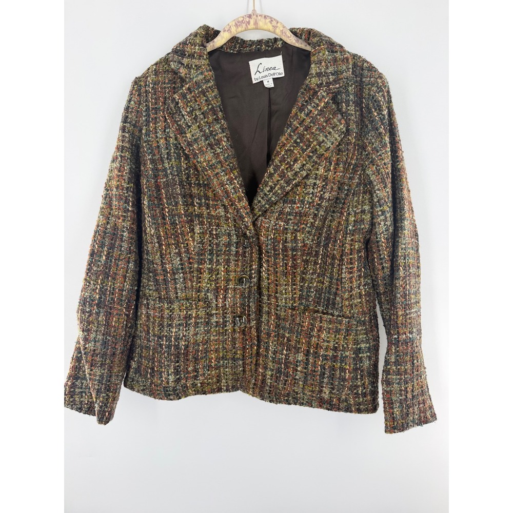 Linea by Louis DellOlio Women Brown Green Wool Boucle Tweed Blazer Jacket M